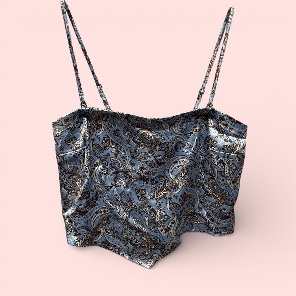 Cute Hollister blue silky paisley scarf print triangle crop top smocked back Y2K